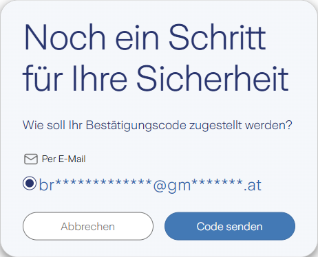 Pop-up bei der Anmeldung zum Kundenportal Meine Zurich, an welche E-Mail-Adresse der Bestätigungscode gesendet wird.