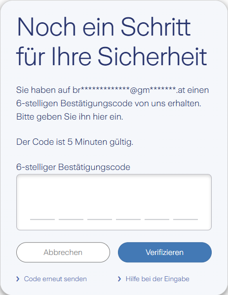 Pop-up bei der Anmeldung zum Kundenportal Meine Zurich. 6-stelligen Code aus der E-Mail soll eingegeben werden. Verifizieren in Schaltfläche um Anmeldung abzuschließen.