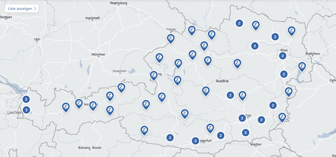 Landkarte mit den Standorten von Zurich in Österreich