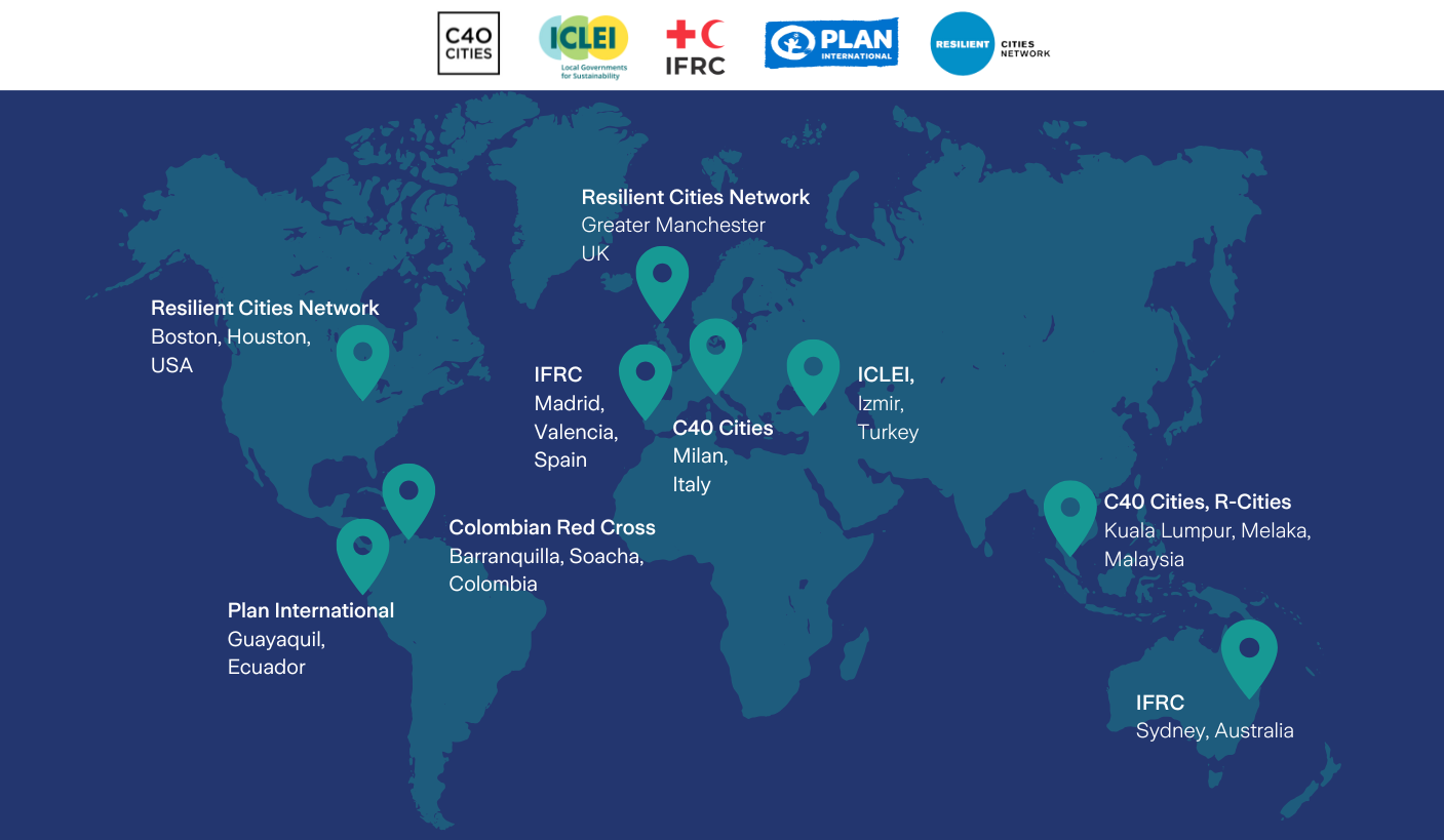 Map of the world highlighting countries where the Urban Climate Resilience Program operates and the implementing organizations