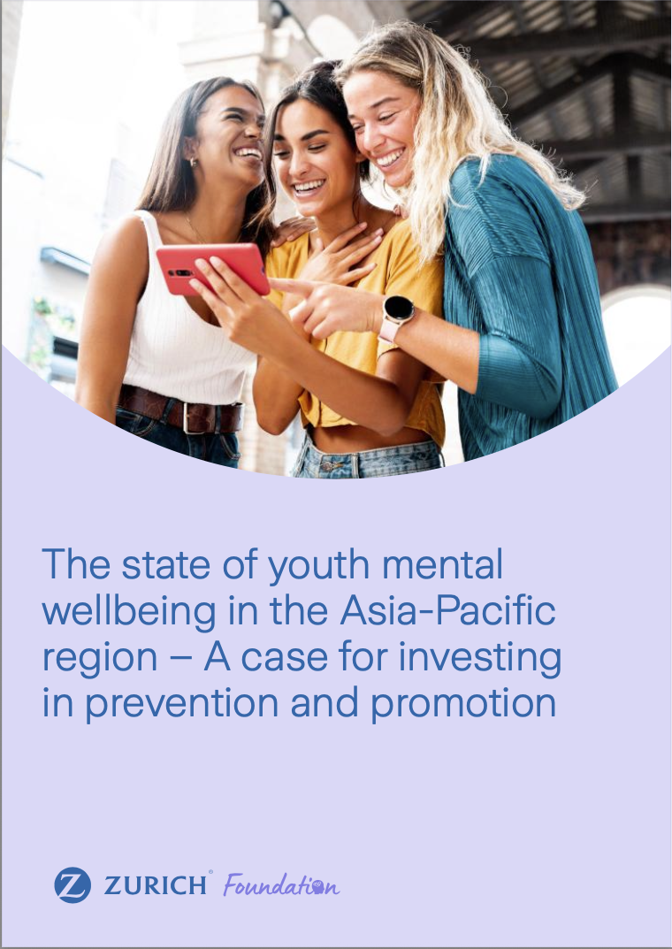 Group of adolescent girls smiling and chatting, title page for a whitepaper on youth mental wellbeing